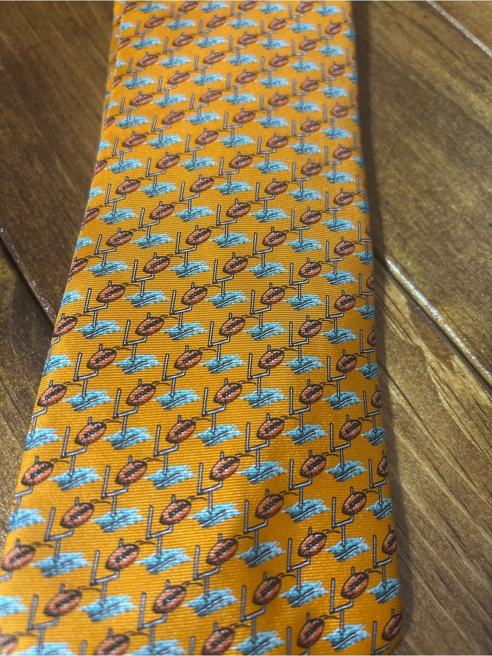 Men's Orange Patterned Necktie with Blue Accents football and goal posts